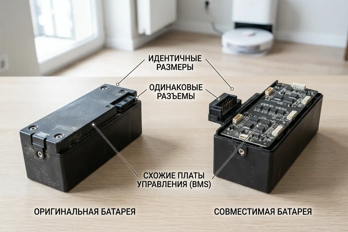 Две батареи для робота-пылесоса: оригинальная и совместимая, с акцентом на одинаковые разъемы, габариты и характеристики BMS.