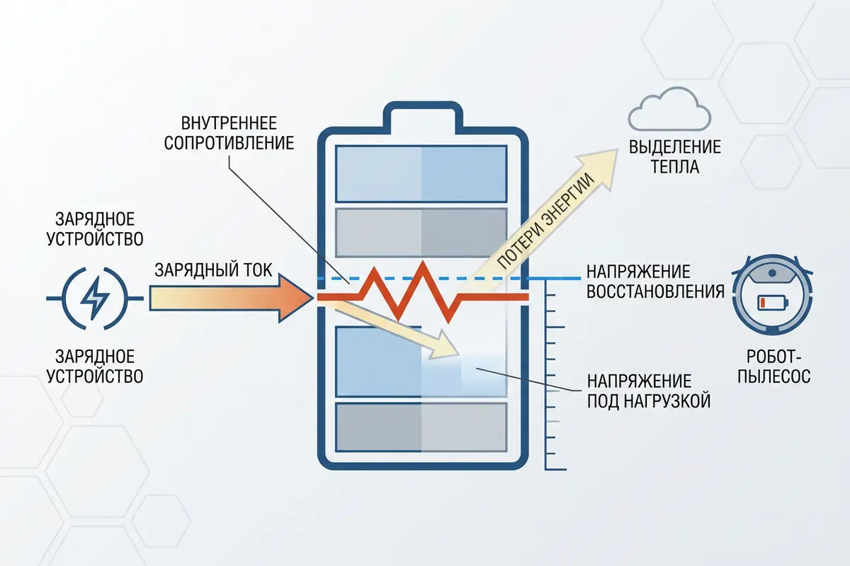 Схематичное изображение, показывающее, как высокое внутреннее сопротивление батареи мешает зарядке.