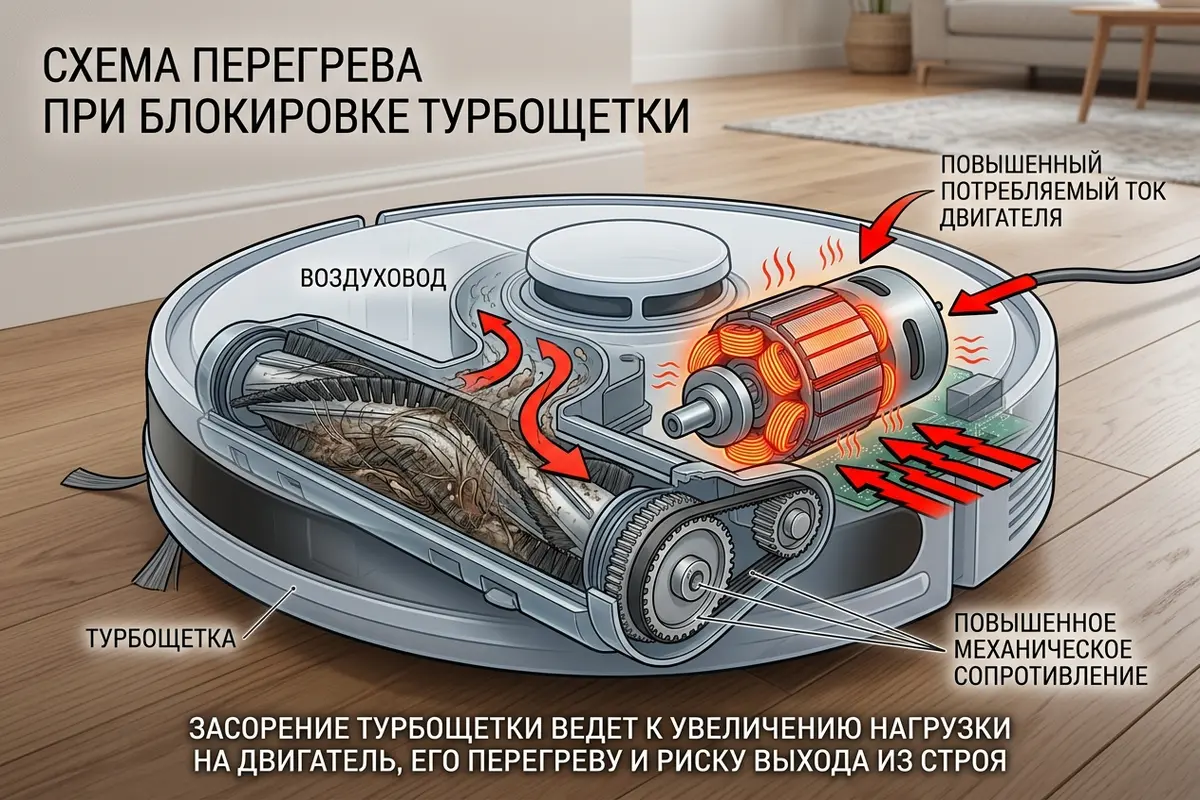 Стилизованная схема двигателя робота-пылесоса с засором турбощетки и воздуховода, показывающая перегрев обмоток.