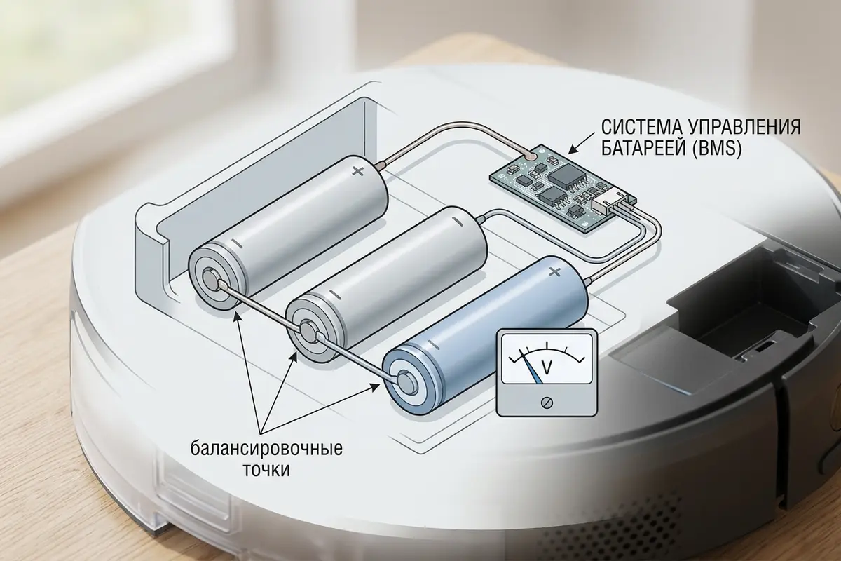 Схематическое изображение аккумуляторных ячеек робота-пылесоса с указанием точек измерения напряжения и платы BMS.
