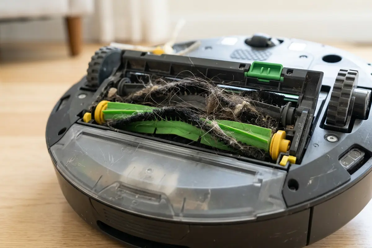 Запутанные волосы на щетке робота-пылесоса Roomba.